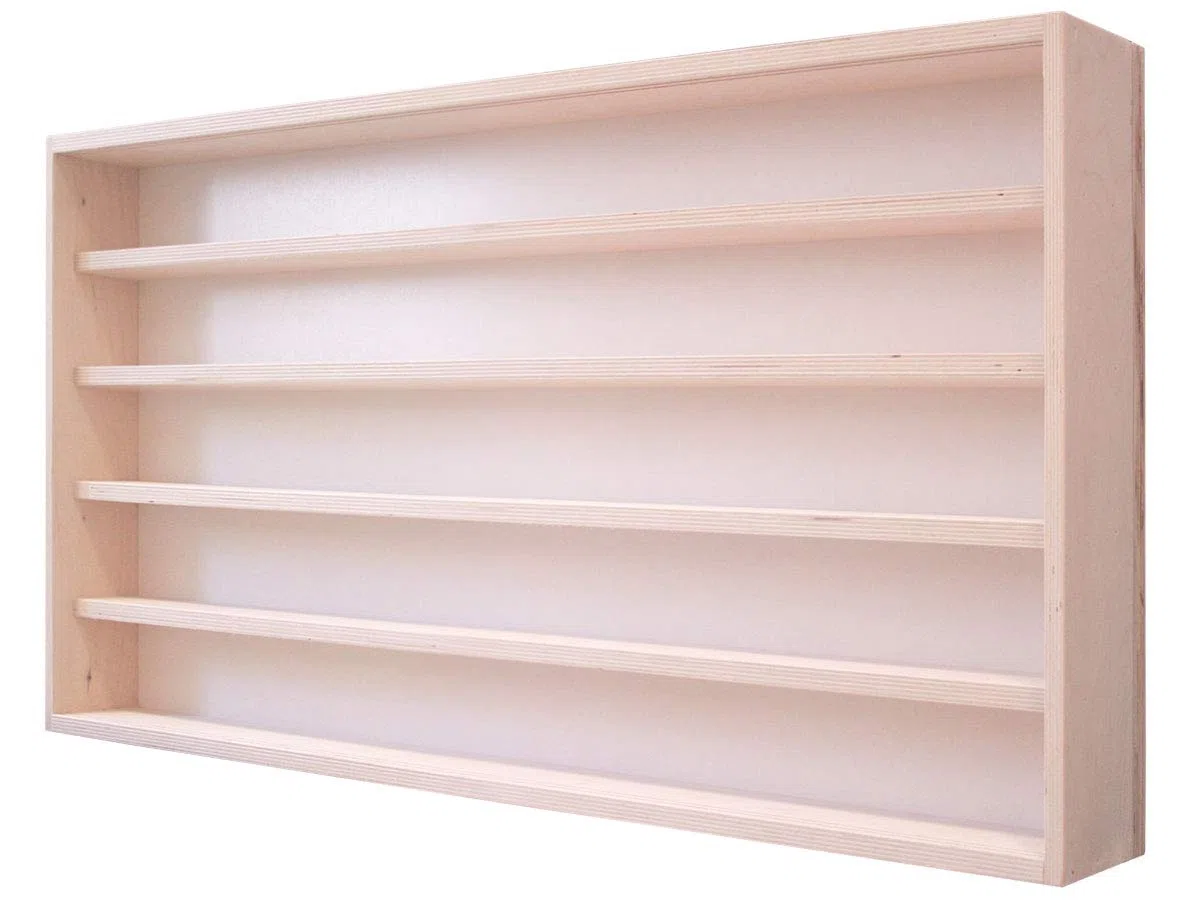 V60,5 Espositore da parete, 60 x 49 x 8,5 cm, legno di betulla non finito, 2 porte scorrevoli trasparenti in plexiglass a 5 ripiani, scala H0 e N
