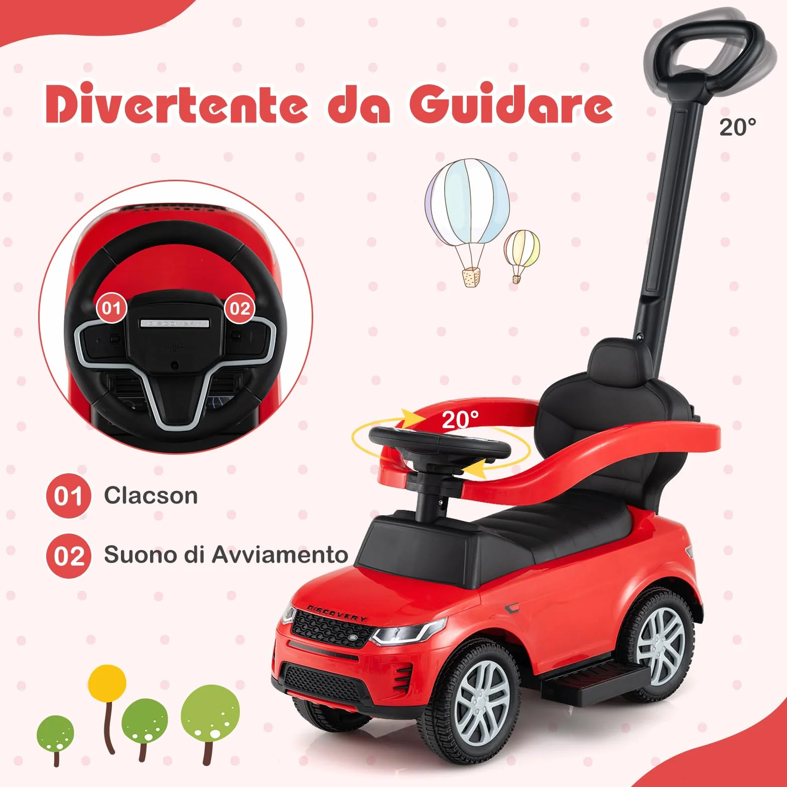 RELAX4LIFE 3-in-1 Auto a Spinta/Passeggino per Bambini/Carrozzina Scorrevole con Maniglione Rimovibile e Pedana Retrattile, Barra di Scorrimento e Portaoggetti Nascosto, 1-3 Anni (ROSSO)