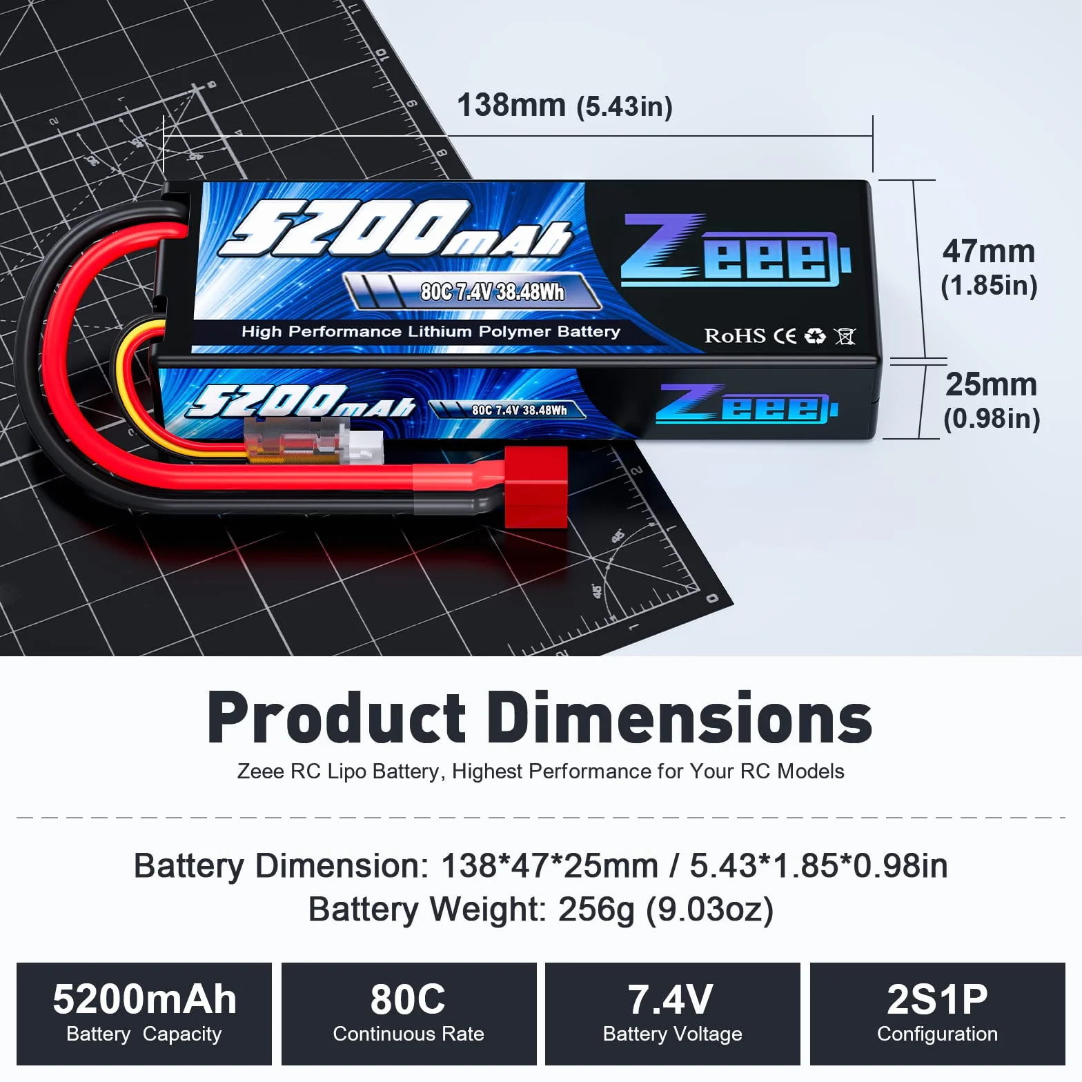 Zeee 2S Lipo Batteria 7,4V 80C 5200mAh RC Batteria Hardcase con Connectore Deans T Spina per RC Evader BX RC Veicolo Auto LKW Truggy RC Nave RC Modells RC Hobby (2 pezzi)