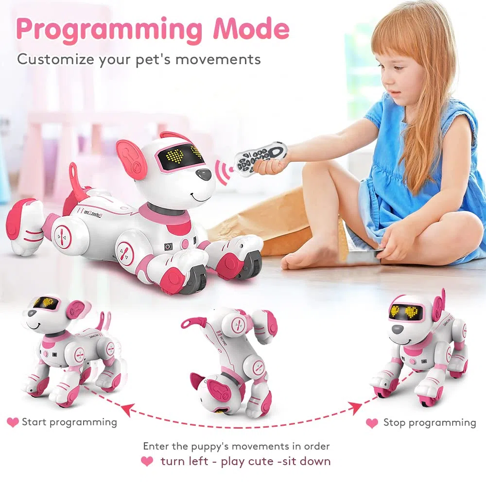 VATOS Cane Robot Telecomandato per Bambini - Cane Robot Interattivo Touch & Follow 17 Funzioni, Programmabile Intelligente da Passeggio Danzante RC Robot Giocattoli per Ragazze 3-12 Regali