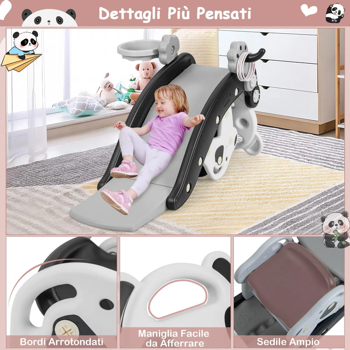 COSTWAY 5 in 1 Set Cavallo a Dondolo e Scivolo per Bambini, Set di Giocattoli con Canestro da Basket e Gioco degli Anelli, Età 1-5 Anni, Carico 50kg, per Interno ed Esterno (Panda)