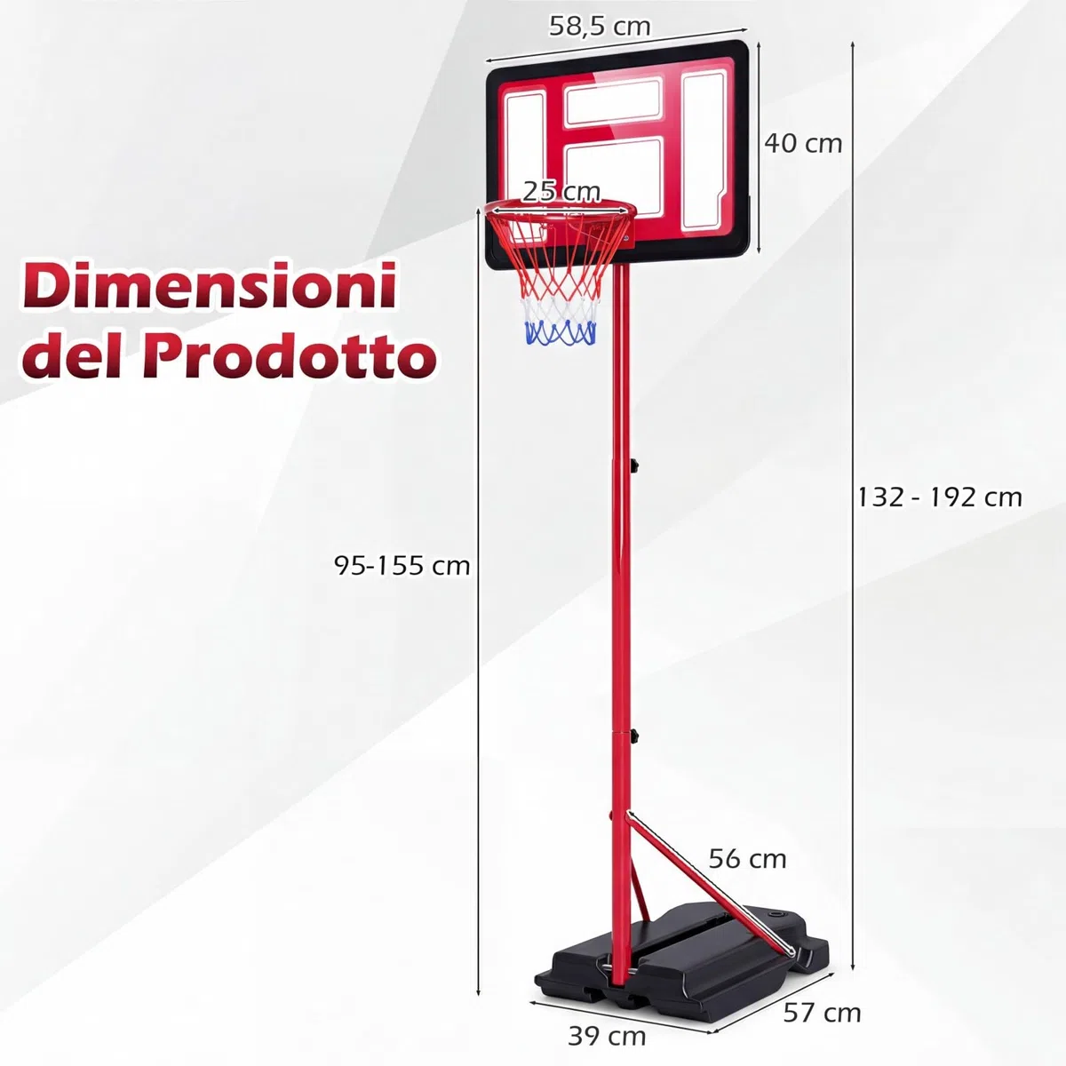 COSTWAY Canestro da Basket da Esterno ed Interno per Bambini, Canestro da Basket Regolabile in Altezza da 95 a 155 cm con Base Riempibile, Tabellone in PE e Struttura in Metallo