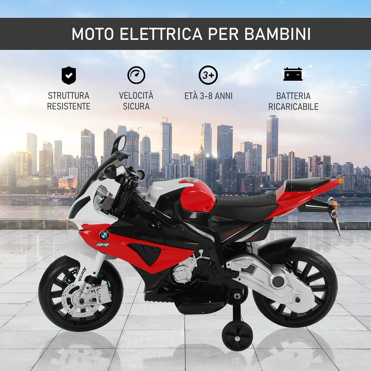 HOMCOM Moto Elettrica per Bambini 3-8 Anni con Licenza BMW, Velocità 2.5-5Km/h, Motocicletta Elettrica con Batteria 12V, Rotelle e Luci, 110x47x69 cm, Nero e Rosso