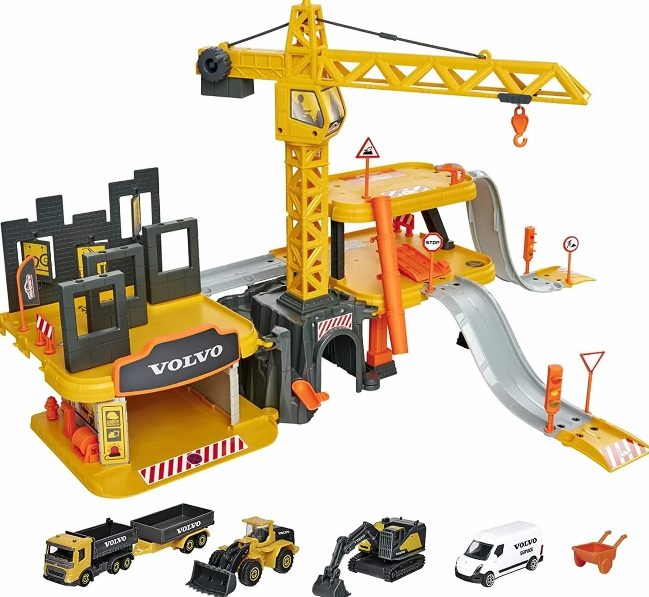 Majorette - Volvo Construction Creatix Playset su 3 Livelli, con 5 Veicoli in Die Cast Scala 1:64, 77 cm, + 3 Anni, 212050032