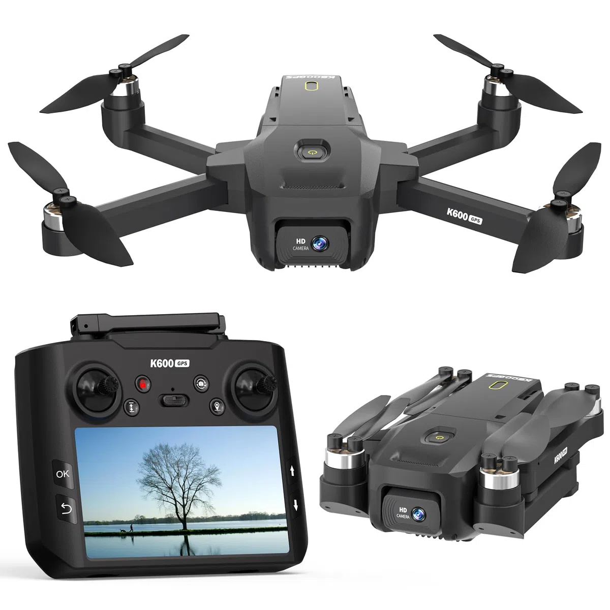 Drone K600GPS con telecamera EIS 1080P, schermo HD da 4,5 pollici, ritorno automatico a casa, tracciamento, motore brushless quadrirotore telecomandato pieghevole per adulti, bambini e principianti
