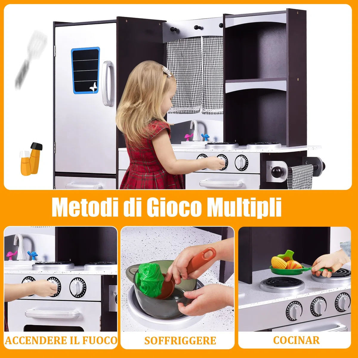 RELAX4LIFE Cucina Giocattolo in Legno per Bambini, Mini Cucina con Forno, Microonde e Frigorifero, Accessori Realistici, Natale/Compleanno/Feste