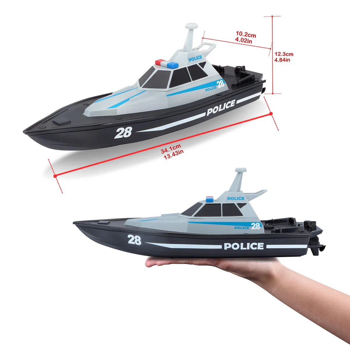Bauer Spielwaren M82196 Tech R/C - Barca giocattolo radiocomandata dalla polizia, portata di 35 metri, batteria con funzione di ricarica USB, 34 cm, nero -582196