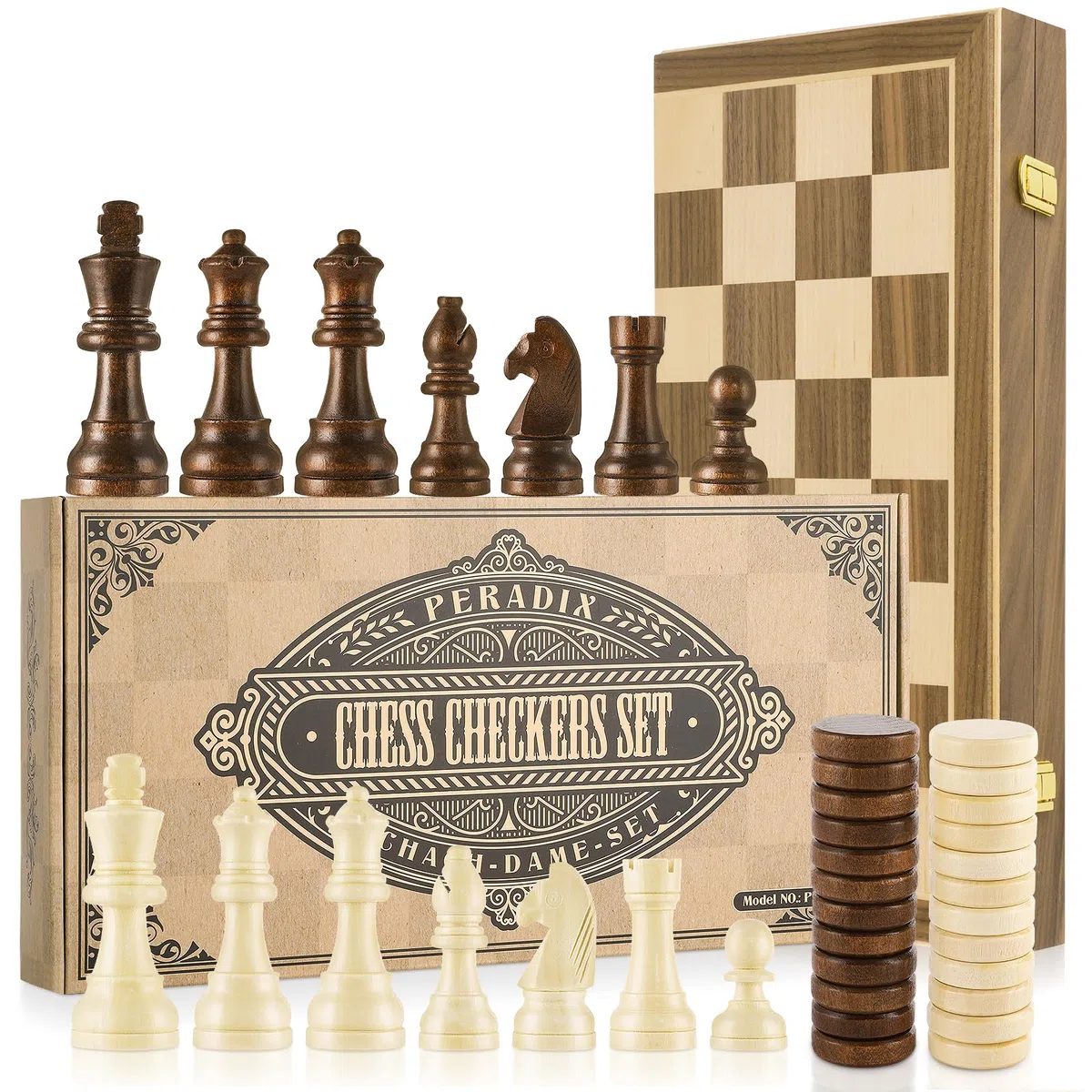 Peradix Scacchiera in Legno, 2 in 1 Scacchi e Dama Magnetica, Scacchiera da Viaggio per Adulti e Bambini con Set Scacchi Magnetici Portatile Pieghevole (39X39CM, 2 Regina)