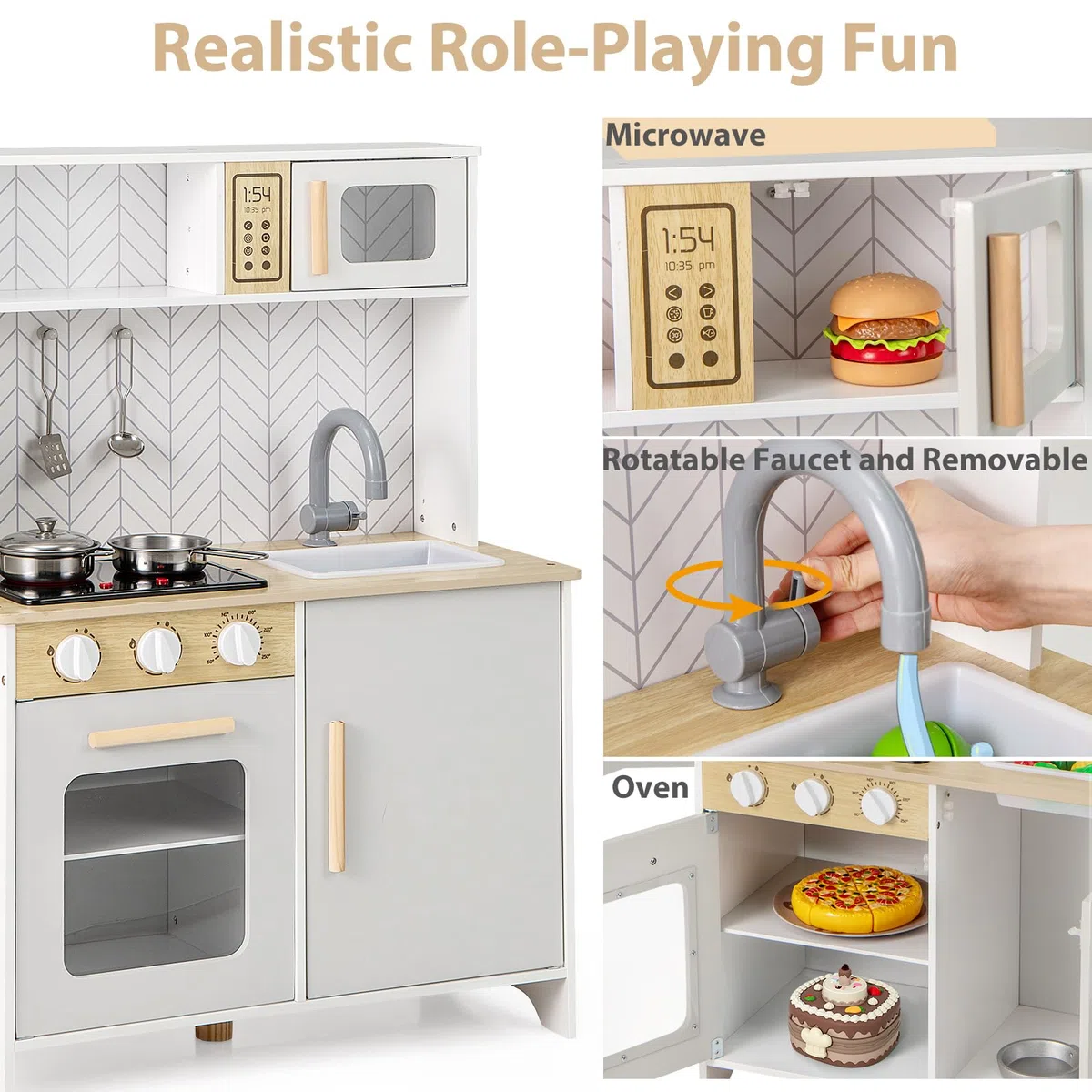 HOMASIS Cucina Giocattolo per Bambini con Luci e Suoni, Cucina Realistica in Legno con 3 Utensili, Rubinetto, Fornello, Microonde e Forno per Bambini da 3+ Anni (Bianco)