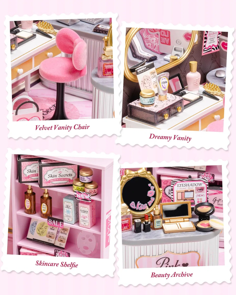Rolife Super Creator Modellismo Casa in Miniatura da Costruire Kit di Modellini Fai da te Per Adulti Kit di Costruzione Scatola Espositiva Impilabile Senza Colla (Pink Beauty Secret)