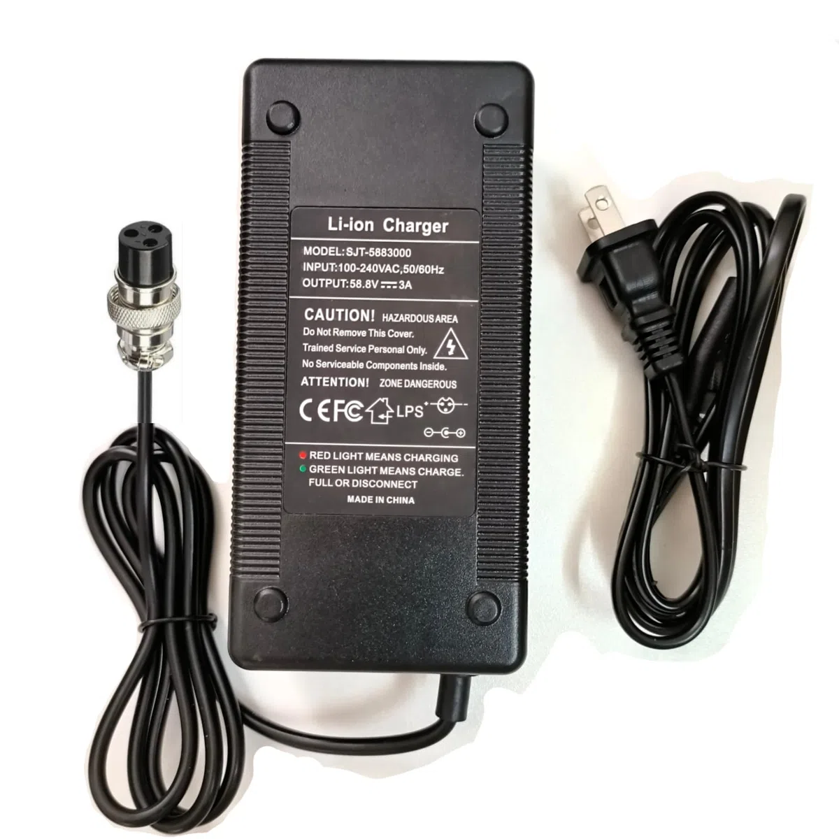 [Compatibilità verificata] Caricatore elettrico a 3 poli da 52 V, per Apollo 52V Phantom, Explore, Ghost/Yume Y10/VSETT 9 (non per 9+)/Zero 8X 10 e altri caricabatterie da 52 Volt (58,8 V 3 A max)