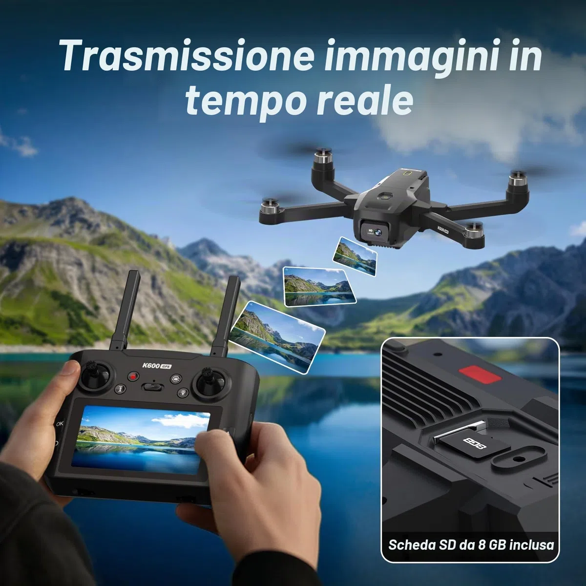 Drone K600GPS con telecamera EIS 1080P, schermo HD da 4,5 pollici, ritorno automatico a casa, tracciamento, motore brushless quadrirotore telecomandato pieghevole per adulti, bambini e principianti