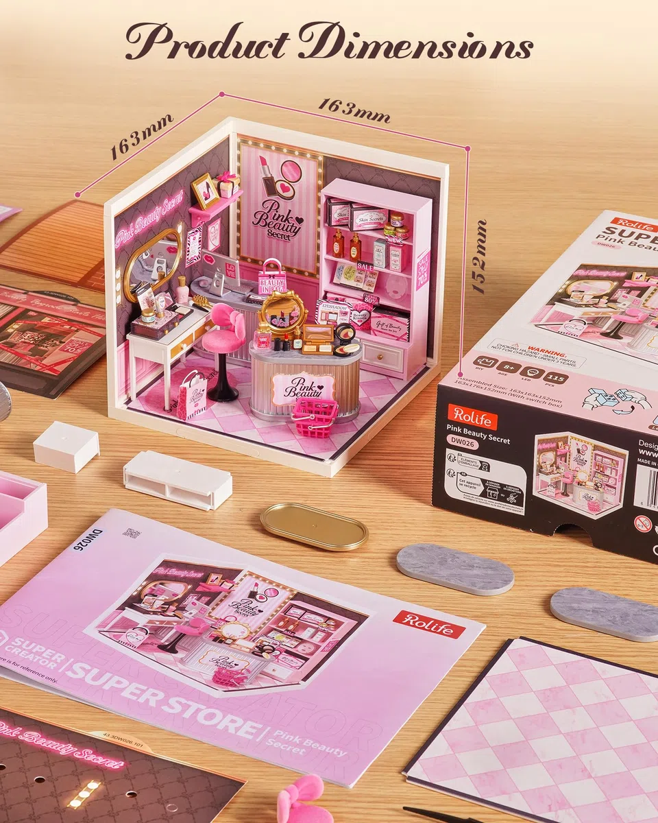Rolife Super Creator Modellismo Casa in Miniatura da Costruire Kit di Modellini Fai da te Per Adulti Kit di Costruzione Scatola Espositiva Impilabile Senza Colla (Pink Beauty Secret)