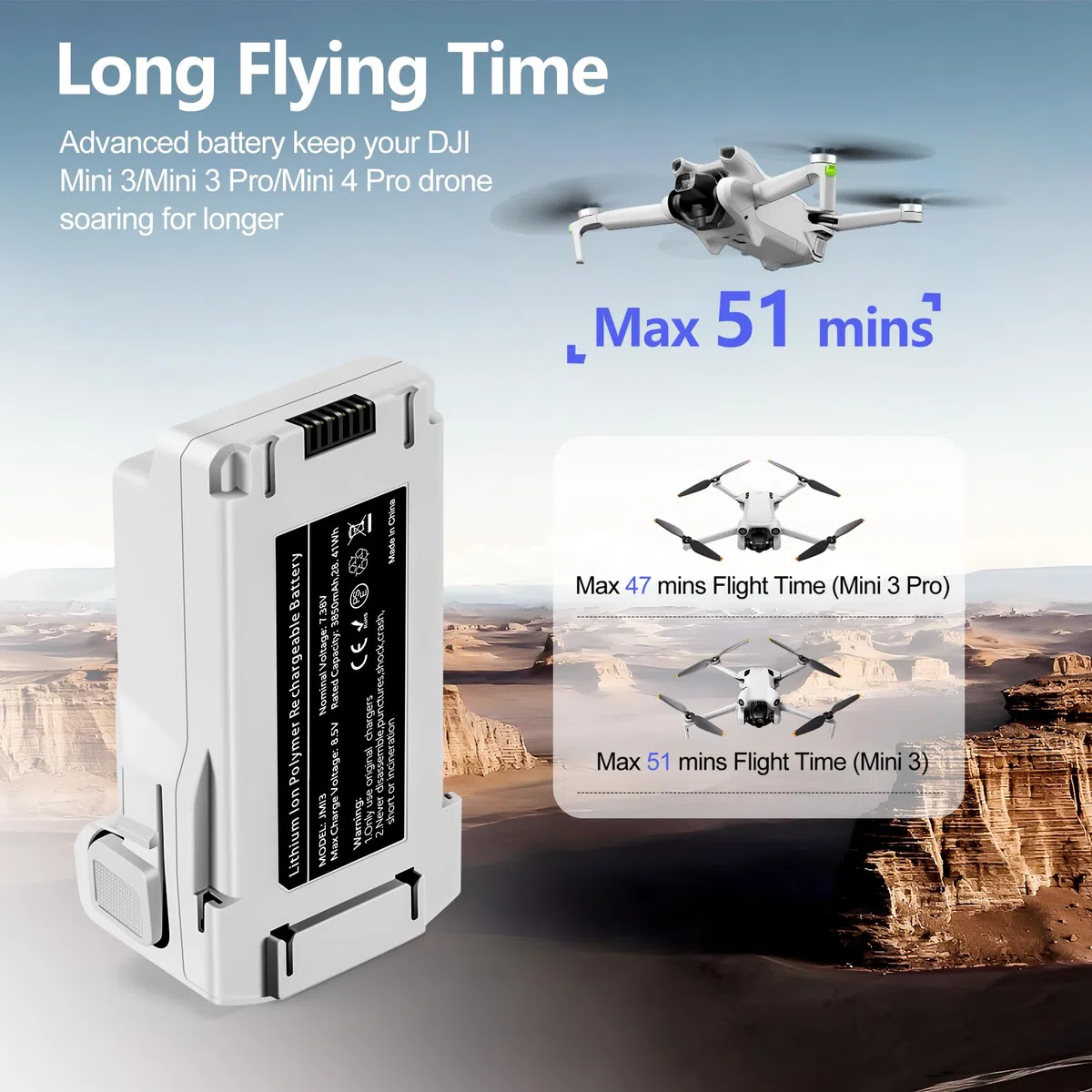 Mini 3 Serie Batteria di volo intelligente 7.38V 3850mAh 1 confezione Batteria plus Supporta fino a 51 minuti di volo Compatibile con DJI Mini 4 Pro/3 Pro/3 Drone