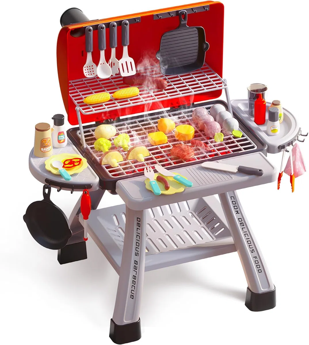 CUTE STONE barbecue giocattolo in pietra per bambini, set da cucina, set da gioco realistico per barbecue con fumo e accessori da cucina