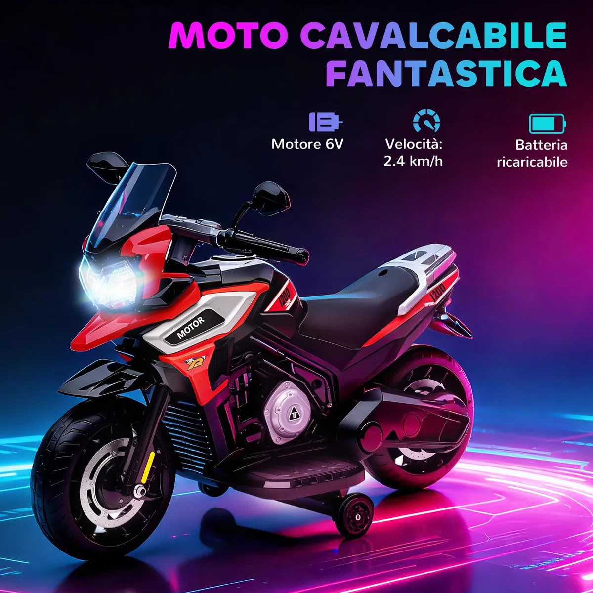AIYAPLAY Moto Elettrica per Bambini 18-36 Mesi, 6V Motorino Elettrico per Bambini con Rotelle Rimovibili, Fari, Musica, 2.4 km/h Mini Moto con Fanale, Max 30kg, Rosso