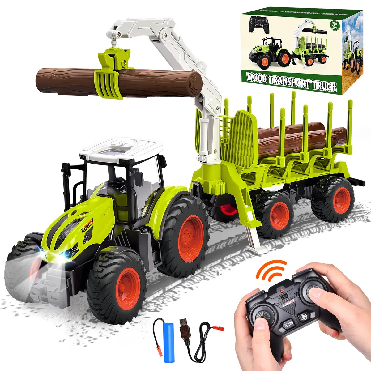 Aragallant RC Trattore Telecomandato per Bambini, Set di Trattore Radiocomandato - con Rimorchio Giocattolo, 2.4Ghz Telecomandato, Pinza e 3 Legname, Giocattoli per Bambini di 3, 4, 5, 6, 7 Anni