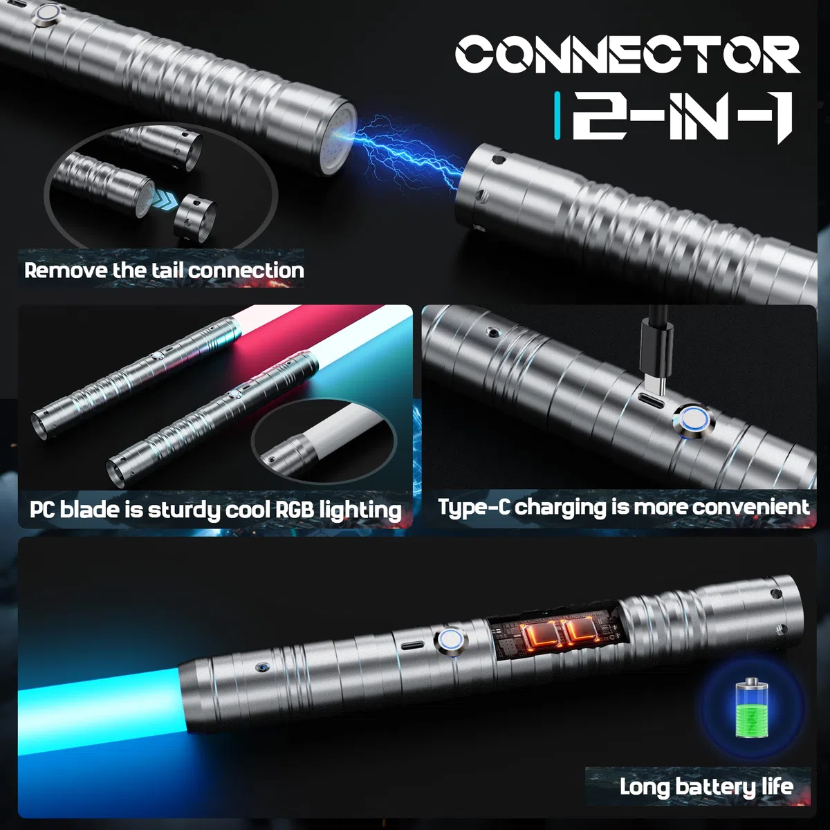 Spada Laser-2 Pezzi per Bambini Lightsaber RGB 15 Colori Ricaricabile USB-C Effetti Sonori FX, 4 modalità di Duello, Spade Laser Collegabili in Metallo-Cosplay,Halloween (2 Pc Argento 78cm)
