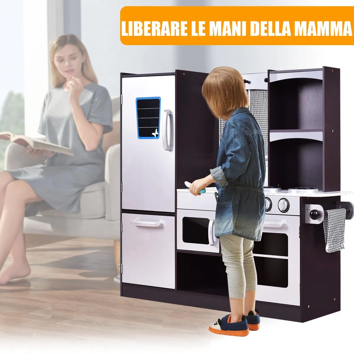 RELAX4LIFE Cucina Giocattolo in Legno per Bambini, Mini Cucina con Forno, Microonde e Frigorifero, Accessori Realistici, Natale/Compleanno/Feste