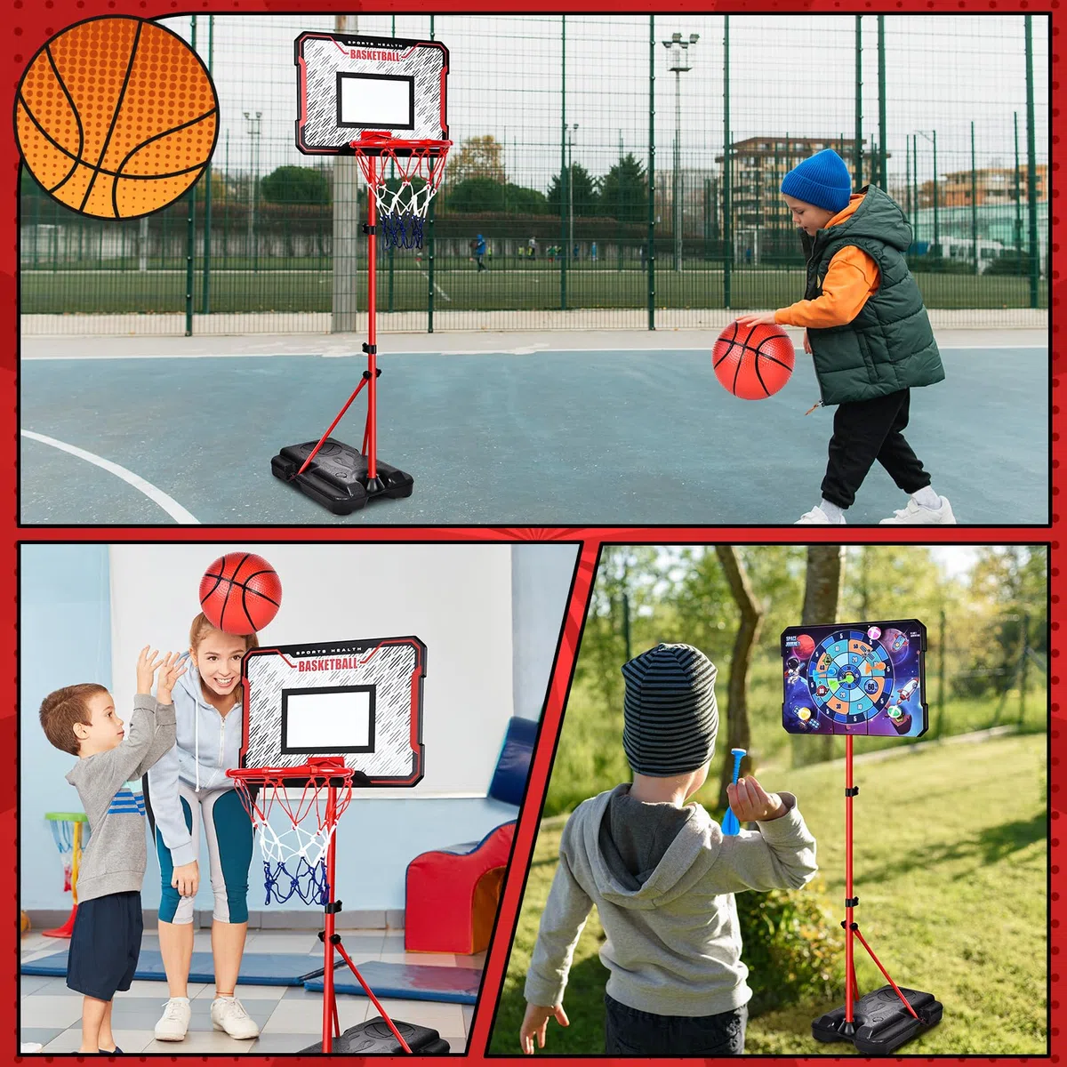 Herenear Canestro da Basket per Bambini, Altezza Regolabile 107-193 cm, 2 in 1 Basket e Freccette, Interno ed Esterno, Portatile con Base Zavorrabile, per Bambini dai 3 agli 8 Anni