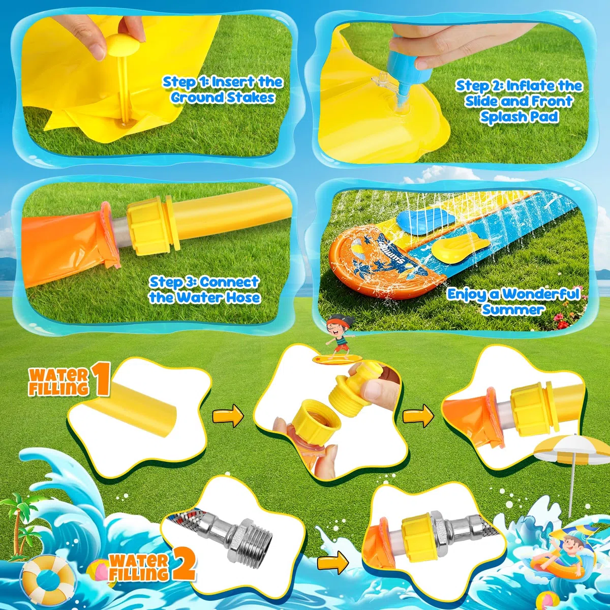 JONRRYIN 950cm Scivolo ad Acqua, 155cm Doppio Scivolo ad Acqua Doppio con irrigatore, 2 Bodyboards Giocattolo Estivo per Giardino e Spiaggia