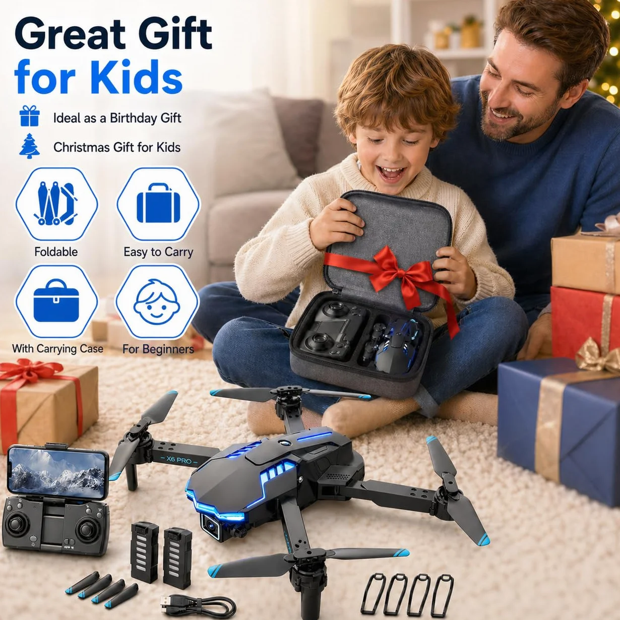 Drone con Telecamera HD 1080P per Bambini Droni con Motore Brushless, Giocattoli Regalo per Ragazzo e Uomo (Grey)
