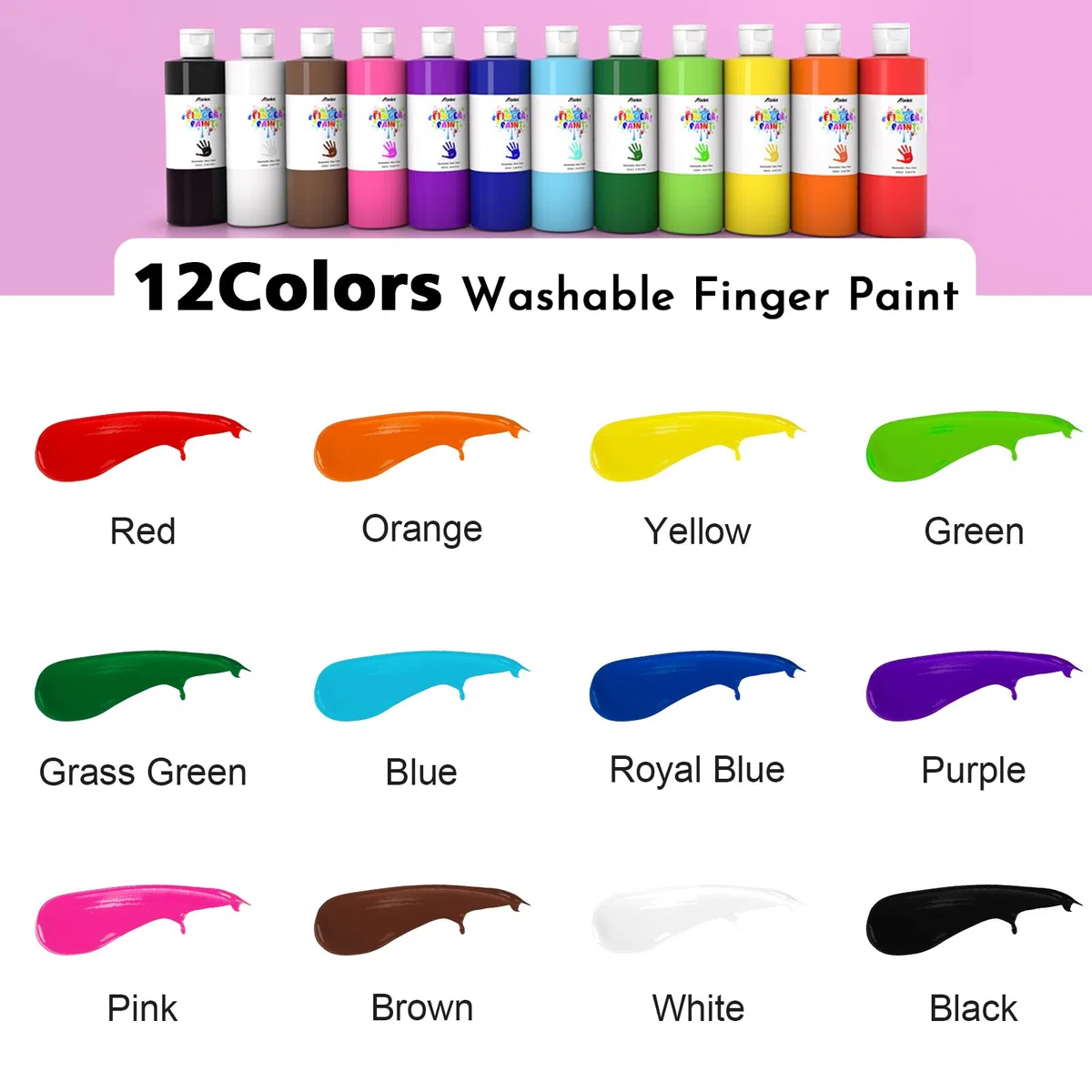 ABEIER Colori per dita per bambini, atossici, 250 ml x 12, resistenti al lavaggio, lavabili, colori per dita per bambini, accessori per la pittura sicuri per l'asilo, la scuola, l'apprendimento