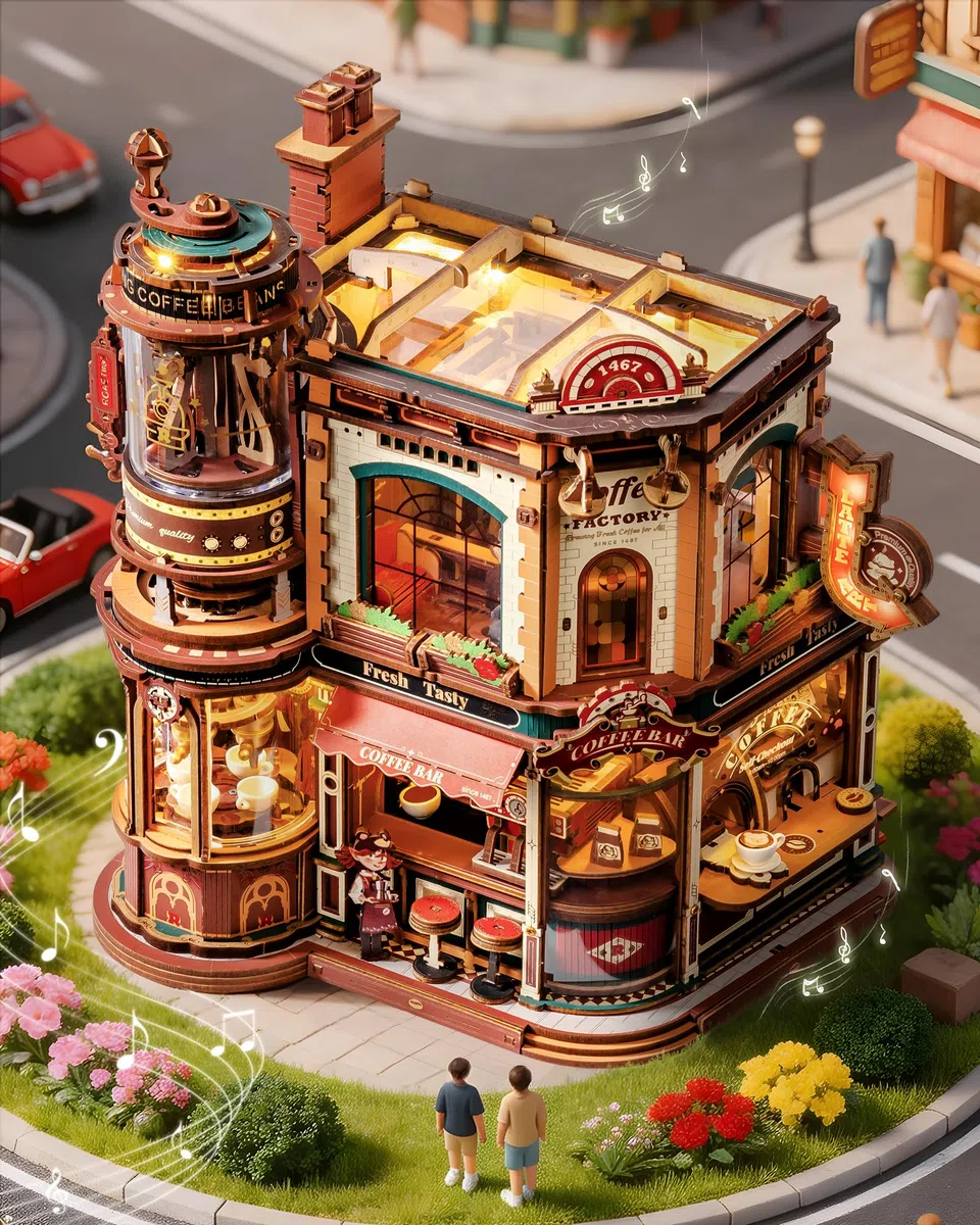 ROBOTIME Puzzle 3D in legno per adulti da costruire – Dream Coffe Factory, kit di costruzione in miniatura con musica, luci e scene animate, casa in miniatura/Book Nook Café EAB02