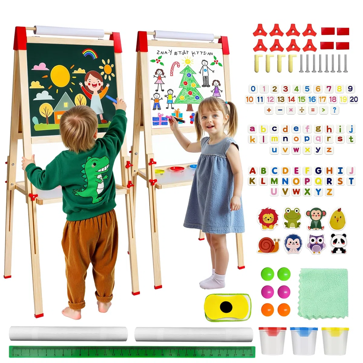 Set Lavagna Bambini Doppia Faccia: Lavagna Bianca Bambini con Magnetica Nero - Staffa Bambini in Legno Regolabile in Altezza - Adatto per Bambine e Bambini dai 3 ai 12 Anni (White and Green)