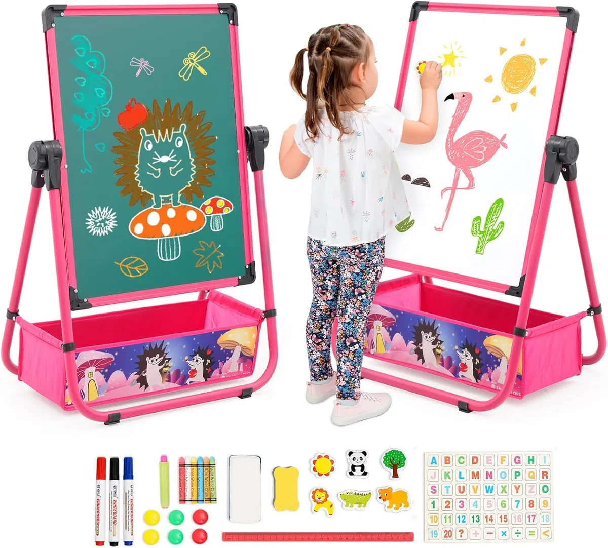 Cavalletto pieghevole per bambini, lavagna bianca e lavagnetta con gessetti in ferro, supporto artistico, regolabile in altezza con adesivo, accessori da pittura, vassoio per riporre ragazze