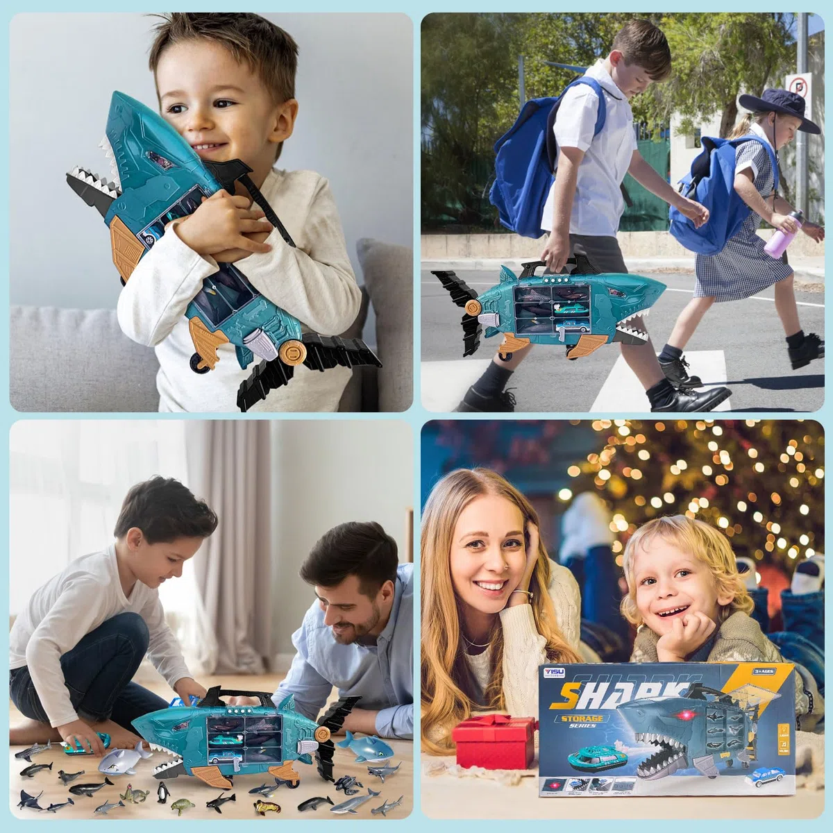 Shark Truck With LED and Music, Camion With 2 Squalo Auto, 18 Marine Animals and Toy Cars Inside