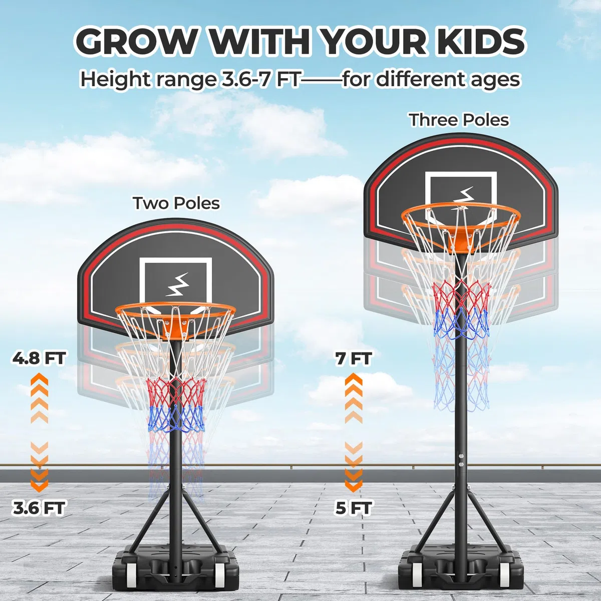 YOLEO Canestro Basket Esterno Bambini, Regolabile 160-210 cm, Canestro da Basket Net System su Ruote