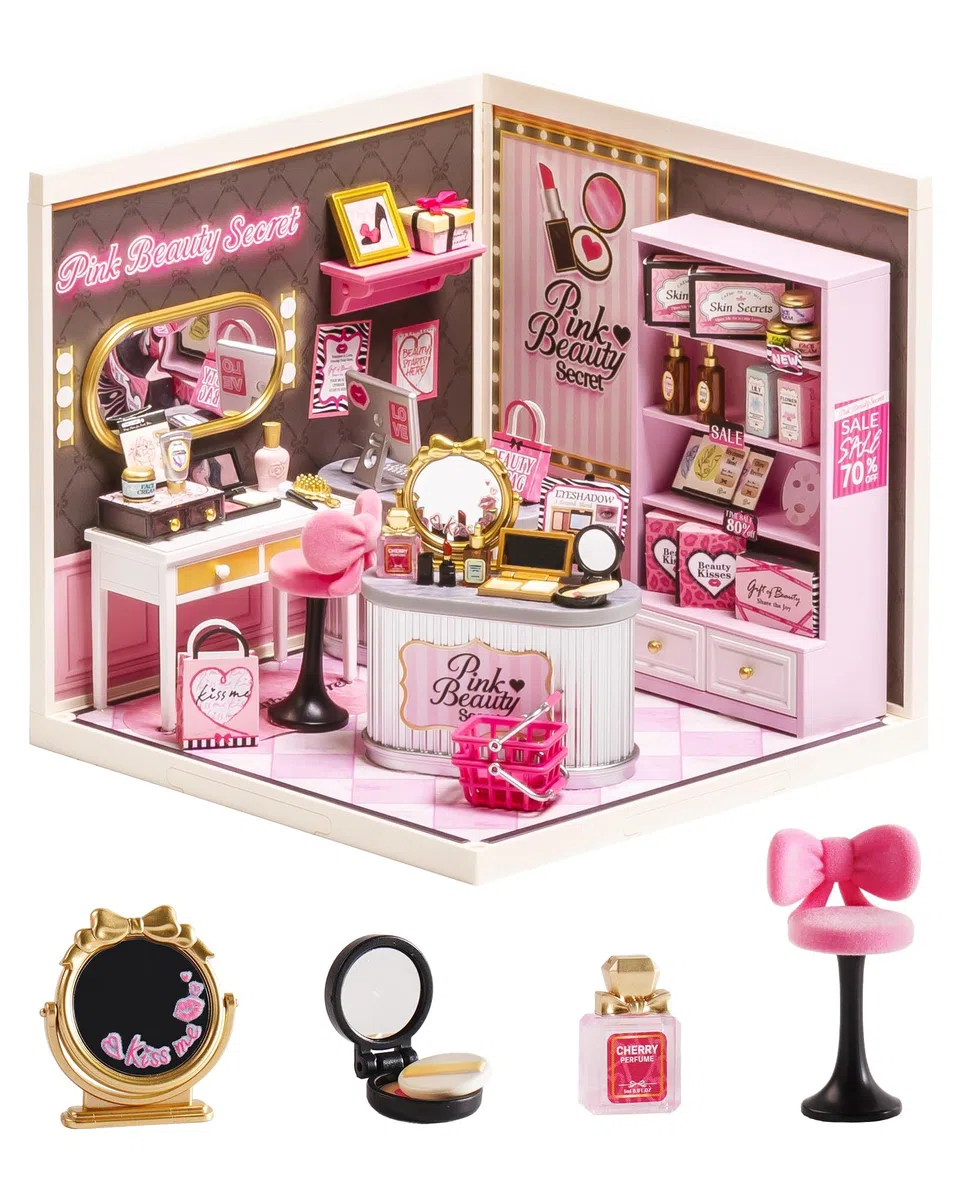Rolife Super Creator Modellismo Casa in Miniatura da Costruire Kit di Modellini Fai da te Per Adulti Kit di Costruzione Scatola Espositiva Impilabile Senza Colla (Pink Beauty Secret)