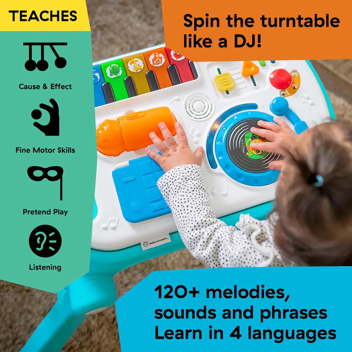 Baby Einstein, Girello e Tavolo Attività, Primi Passi, 4 in 1 Mix 'N Roll, Giocattolo Musicale per L'apprendimento, 100+ Suoni, Colori e Animali, Sviluppo Motorio, da 6 Mesi+