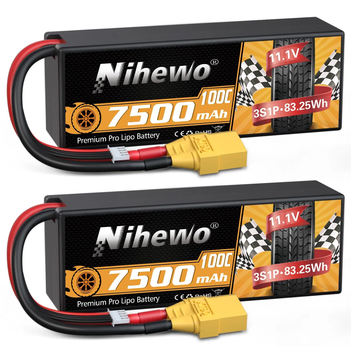 Batteria Lipo 3S, 2 Pezzi Batteria RC 11,1 V 7500 mAh 100C Custodia Rigida Lipo 3S Connettore XT90 Compatibile con 1/8 1/10 RC Auto Camion Truggy Veicoli Serbatoio Barca Aereo Modelli