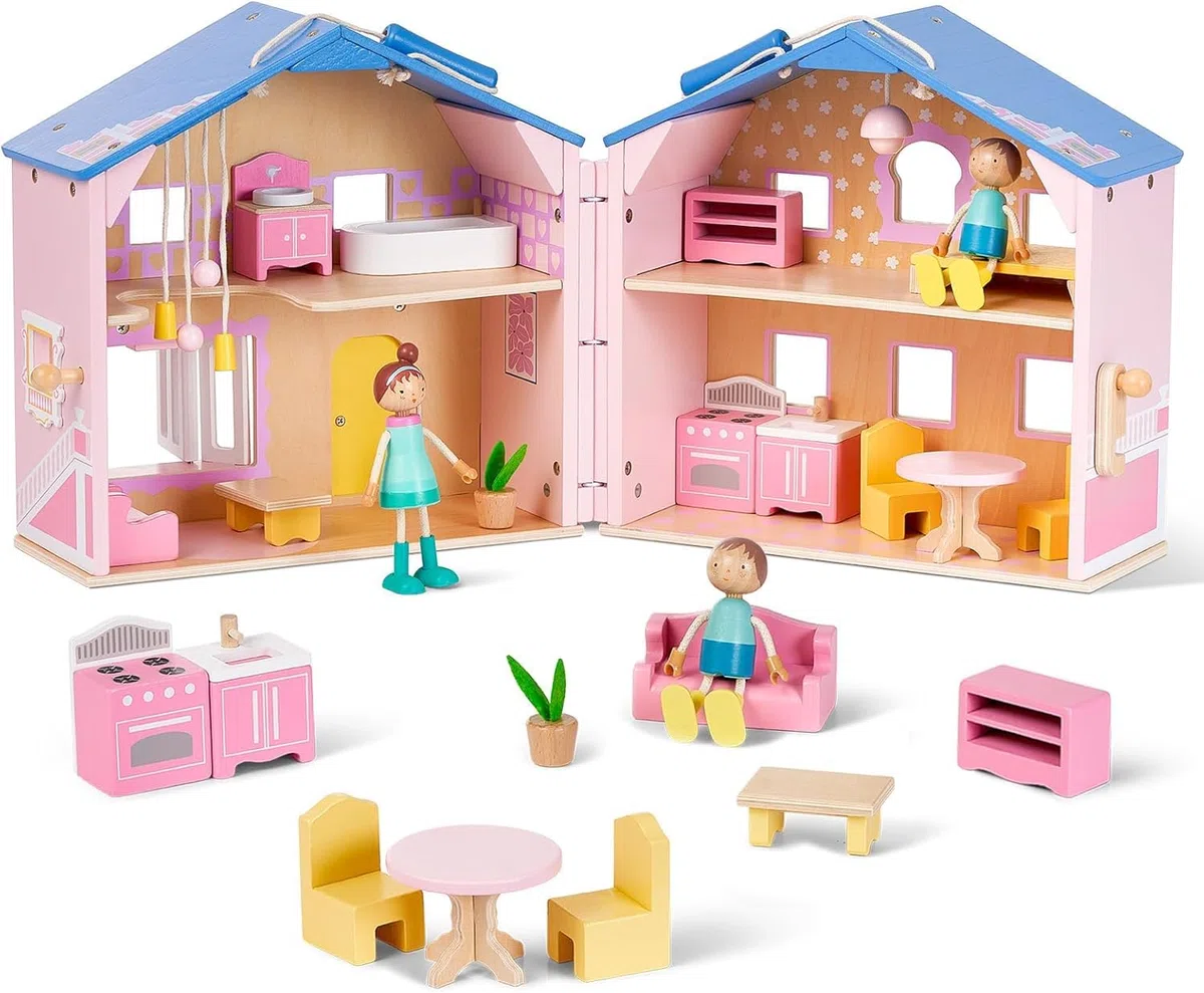 Giant bean - Squisita casa delle bambole in legno rosa per ragazze, con bambole e accessori per mobili, pieghevole e portatile, ideale per bambini dai 3 anni