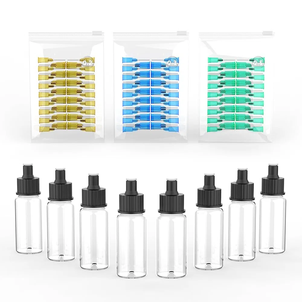 Kit di accessori per aerografo No-Clean, 8 flaconi di vernice e 150 ugelli usa e getta (0,2/0,3/0,5 mm 50 ciascuno), compatibile con aerografo TK-AB0078