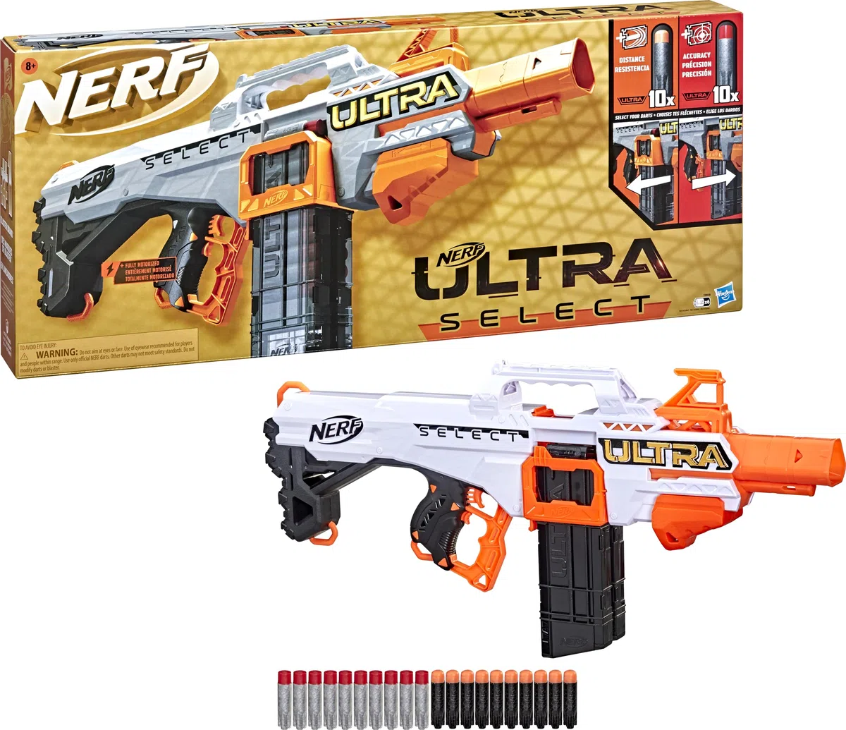 NERF Ultra Select Fully Motorized Blaster, Fire for Distance or Accuracy, Includes Clips and Darts, Compatible Only Ultra Darts
