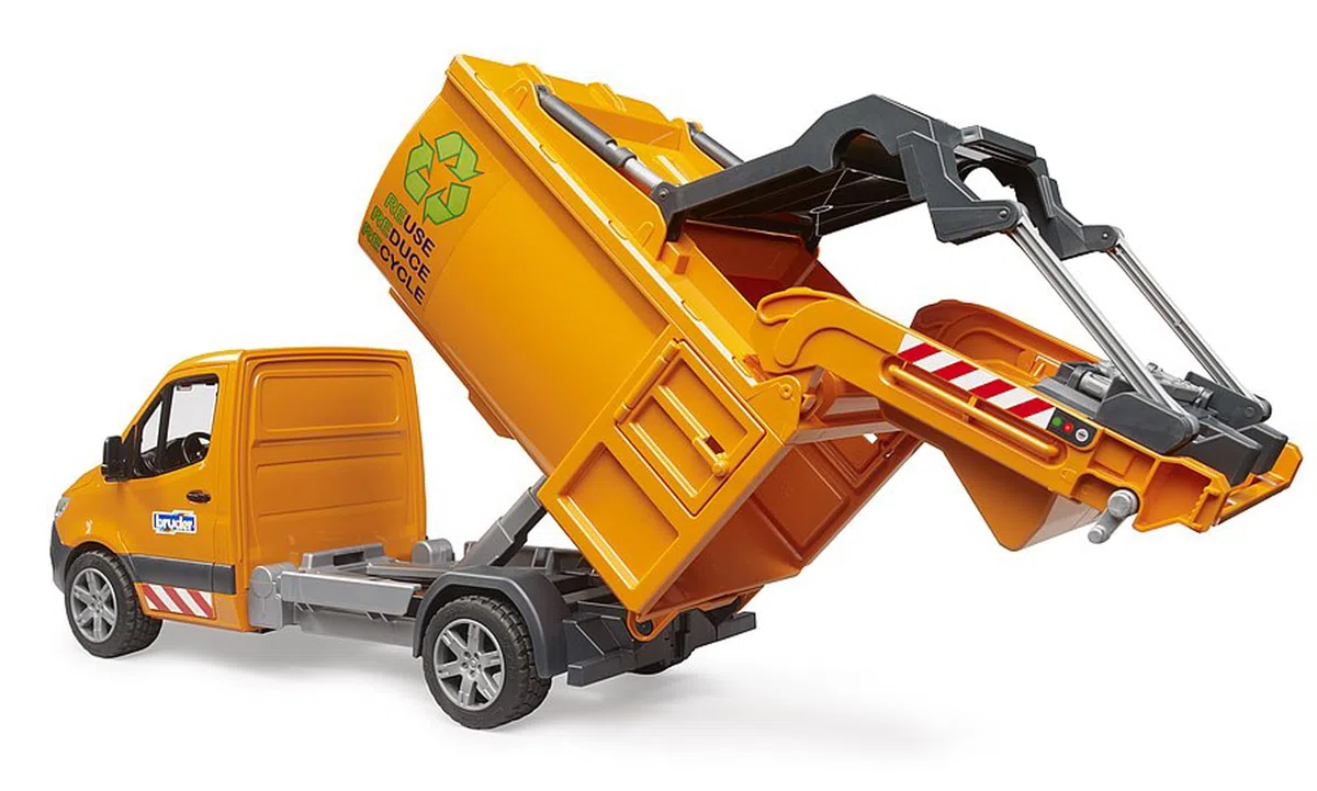 Bruder - MB Sprinter Veicolo di Raccolta dei rifiuti urbani Strada, Colore Arancione, 44,2 x 16,5 x 19,8 cm (02682)