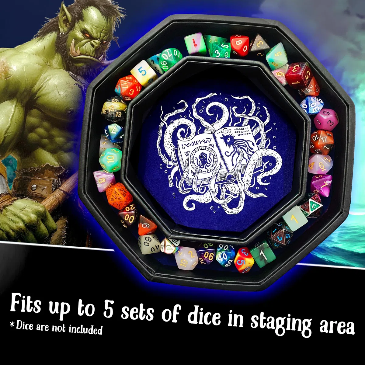 Fantasydice-Cthulhu Tome-Blue- Vassoio per dadi – Ottagono 20.3 cm con coperchio e area di scena dei dadi – Contiene 5 set (7 dadi/standard) per tutti i RPG da tavolo come D & D, Call of Cthulhu