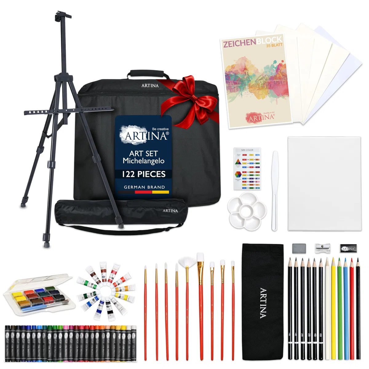 Artina XXL 111+11 Pezzi Set Pittura con Cavalletto Tavolo per Dipingere – Colori Acrilici, Acquerelli, Pastelli, Tela, Pennelli – Kit Pittura Adulti Bambini – Regalo di Natale Creativo – Michelangelo