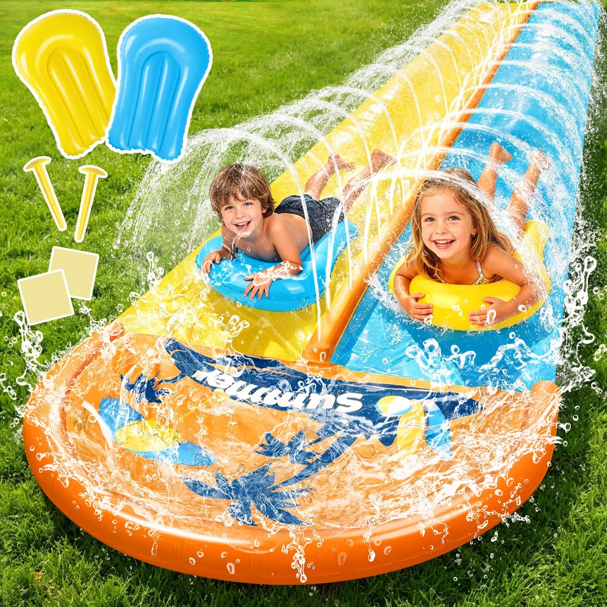 JONRRYIN 950cm Scivolo ad Acqua, 155cm Doppio Scivolo ad Acqua Doppio con irrigatore, 2 Bodyboards Giocattolo Estivo per Giardino e Spiaggia
