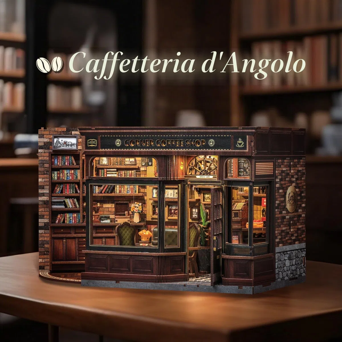 CUTEBEE Book Nook Kit: Casetta Miniatura DIY in Legno Luce LED, Puzzle 3D Caffetteria | Regalo Amanti Libri (Corner Coffee Shop)