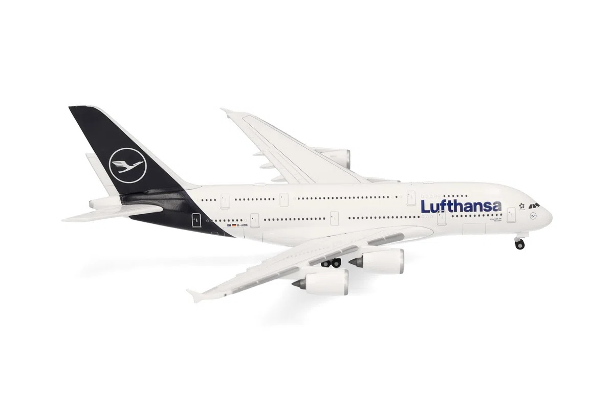 Herpa modello di aereo Lufthansa Airbus A380 – D-AIMK "Düsseldorf" in scala 1:500 - modello di aereo, pezzo da collezione, miniatura deco, statuetta senza supporto in metallo