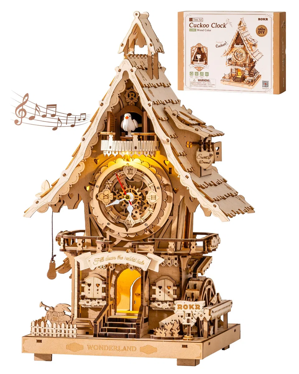 ROKR Puzzle 3D in Legno Orologio a cucù, Modellini da Costruire per Adulti, Puzzle 3D Kit di modellismo Regali Artigianali e Decorazioni, Cuckoo Clock Colore del legno, LC901