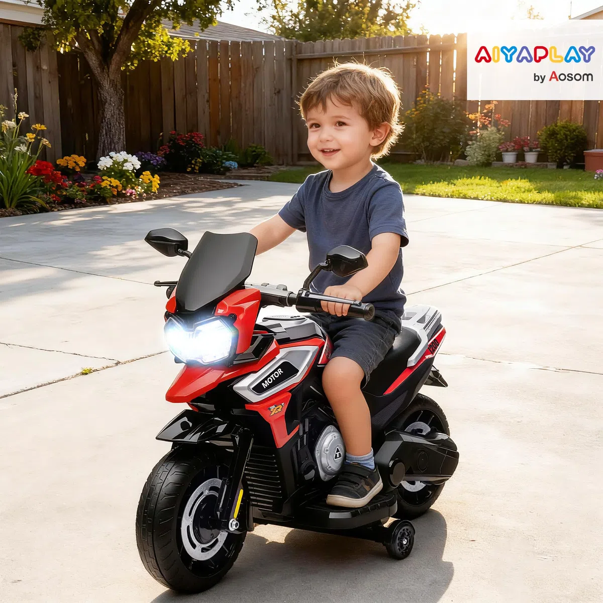 AIYAPLAY Moto Elettrica per Bambini 18-36 Mesi, 6V Motorino Elettrico per Bambini con Rotelle Rimovibili, Fari, Musica, 2.4 km/h Mini Moto con Fanale, Max 30kg, Rosso