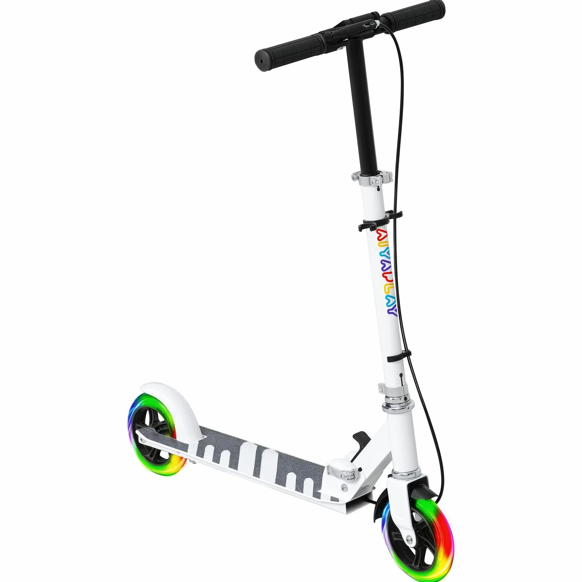 AIYAPLAY Monopattino per Bambini 3-8 Anni Pieghevole con Ruote Luminose e Altezza Regolabile, Scooter per Bambini in Metallo con Freno Posteriore e Cavalletto, Bianco