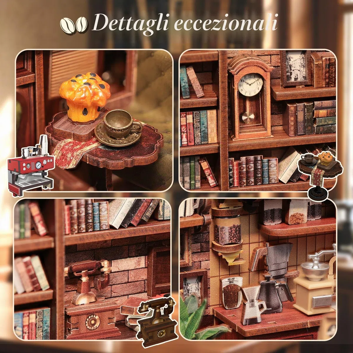 CUTEBEE Book Nook Kit: Casetta Miniatura DIY in Legno Luce LED, Puzzle 3D Caffetteria | Regalo Amanti Libri (Corner Coffee Shop)