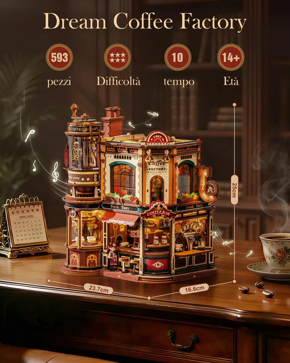 ROBOTIME Puzzle 3D in legno per adulti da costruire – Dream Coffe Factory, kit di costruzione in miniatura con musica, luci e scene animate, casa in miniatura/Book Nook Café EAB02