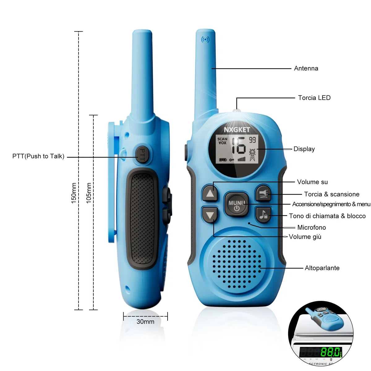 Walkie Talkie Professionali Ricaricabili per Bambini,NXGKET Radioline Woki Toki 16 Canali,Batteria Integrata,Con Torcia per Giochi all'aperto Campeggio Escursionismo